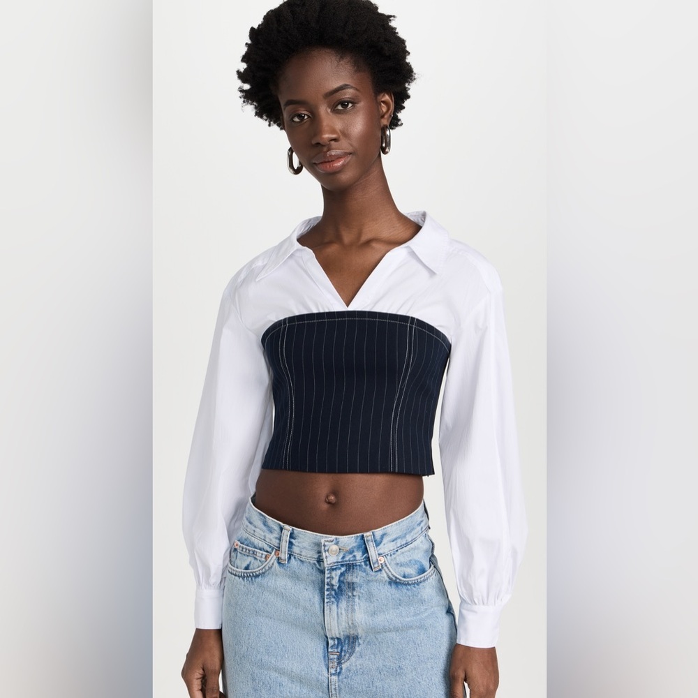 Cinq à Sept Levina Crop Top in Navy/Ivory, Size Medium